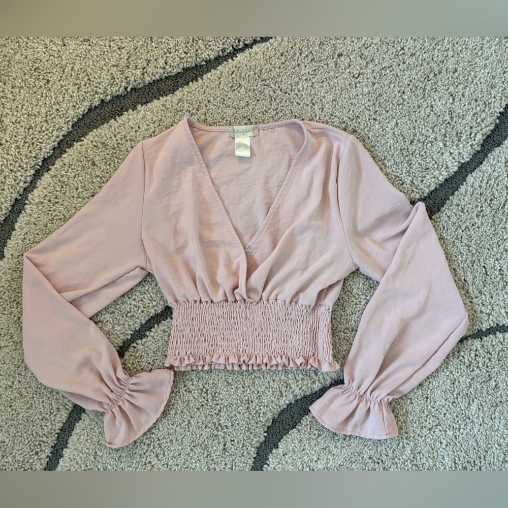 Altar’d state long-sleeve, cropped, smocked wrap-front blouse.